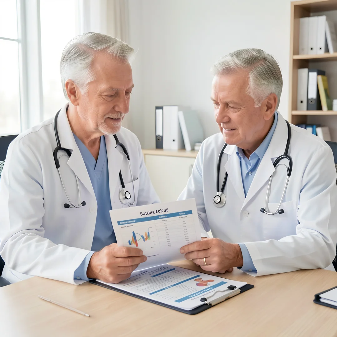 Step 1: Doctor consultation with men over 60 patient reviewing health chart and baseline checkup plan