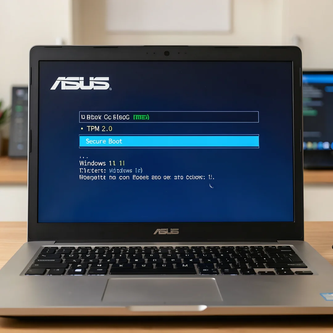Step 1: ASUS laptop BIOS screen showing TPM 2.0 and Secure Boot enabled for Windows 11 compatibility check