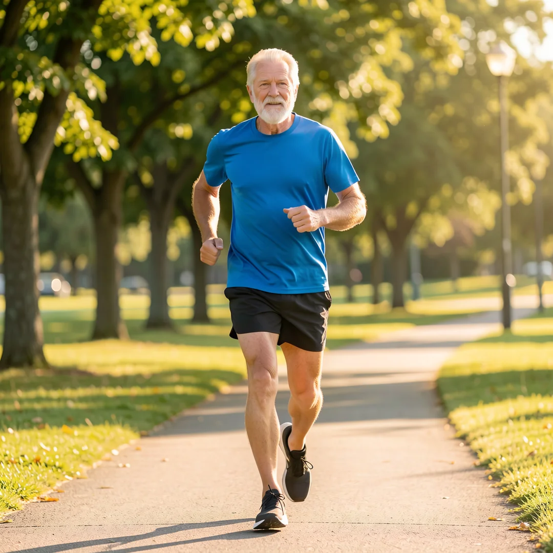 Step 2: Men over 60 man exercising outdoors jogging for cardiovascular health routine