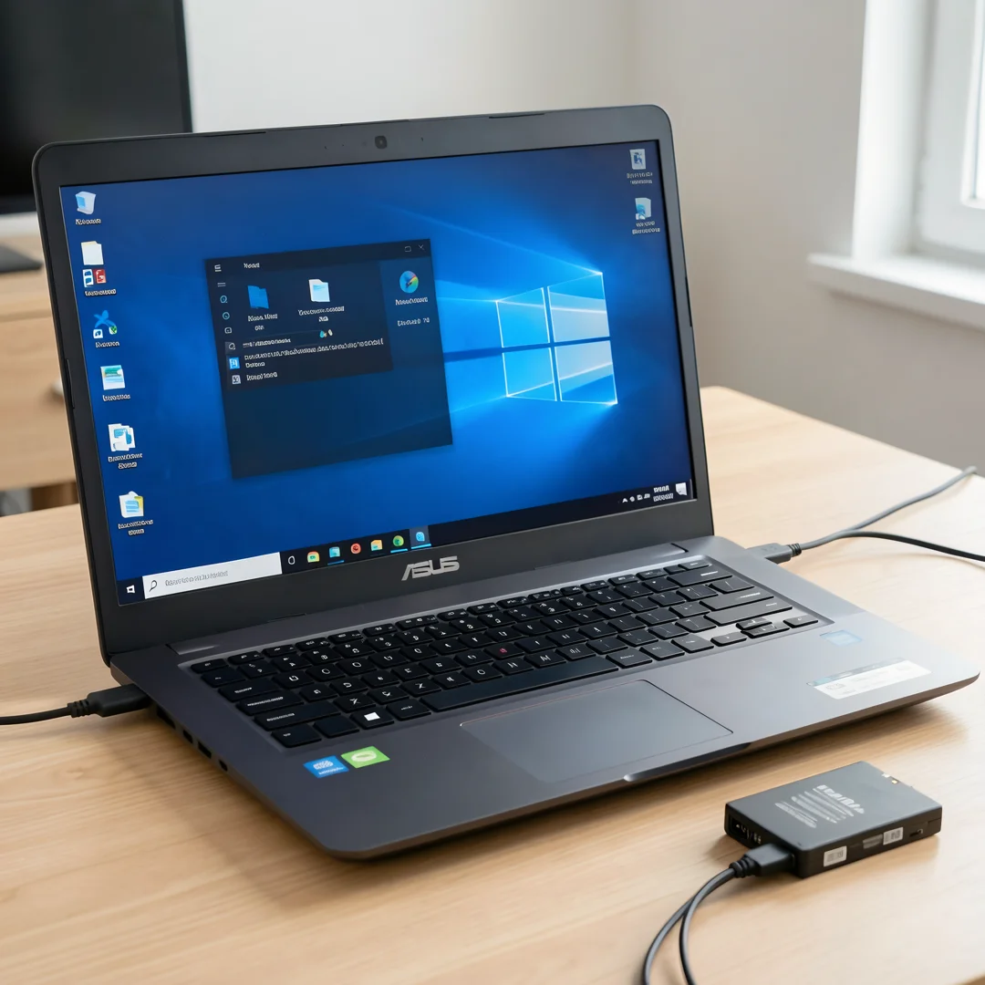 Step 2: External hard drive connected to ASUS laptop backing up files before Windows 11 installation