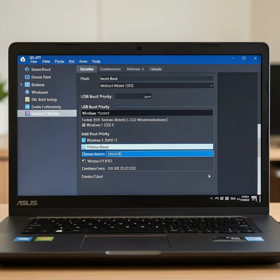 Step 4: ASUS laptop BIOS UEFI settings showing Secure Boot enabled and USB boot priority for Windows 11