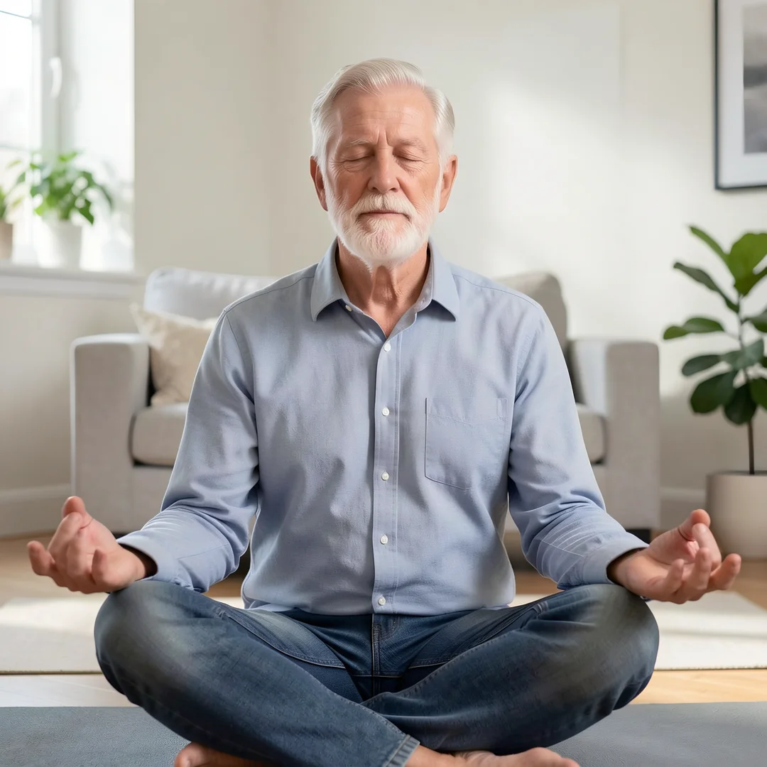 Step 4: Men over 60 man practicing mindfulness meditation for mental health and stress relief