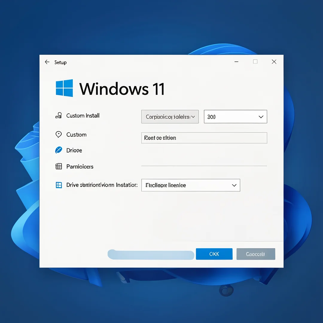 Step 5: Windows 11 installation setup screen showing custom install and drive partition selection