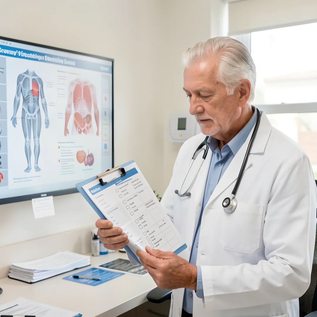 Step 6: Medical screening checklist being reviewed by doctor with men over 60 patient