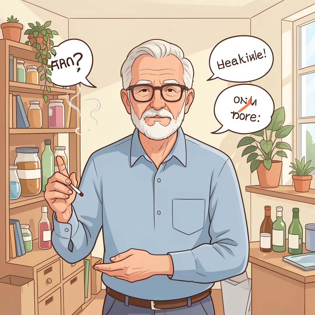 Step 7: Healthy lifestyle choices illustration showing men over 60 avoiding smoking and excessive alcohol