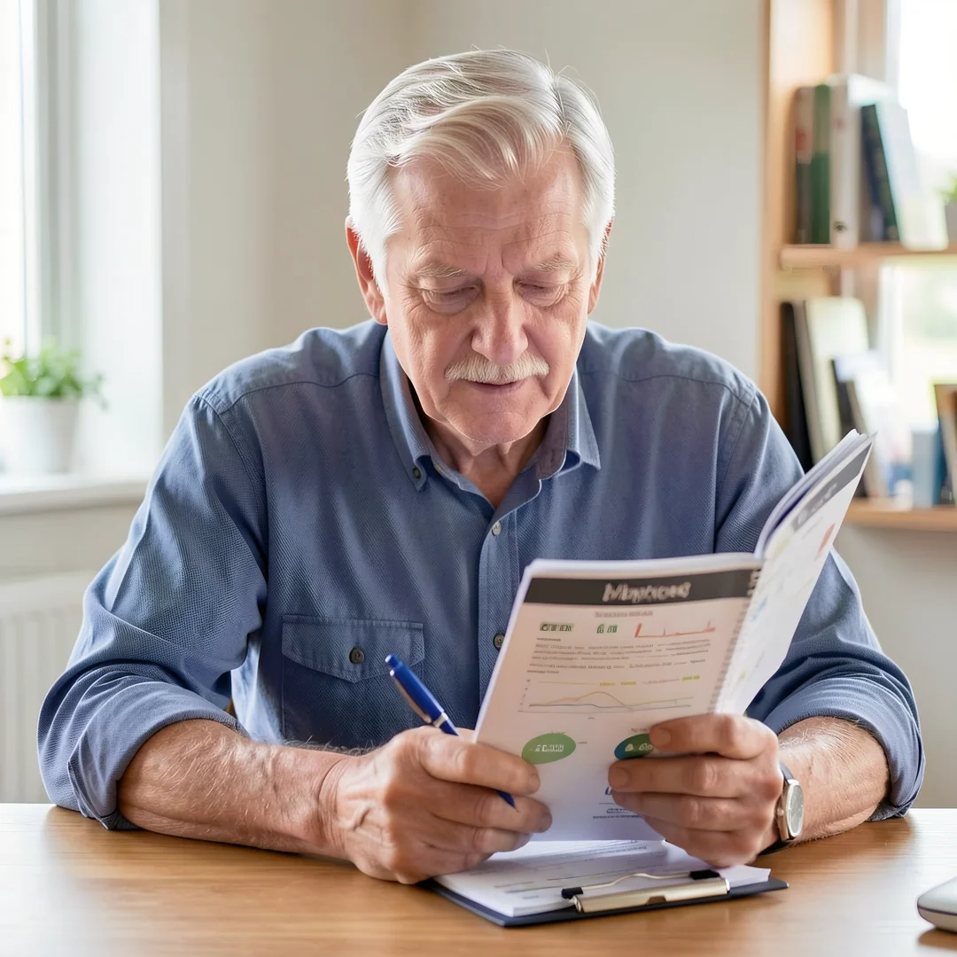 Step 8: Men over 60 man reviewing personal health goals and wellness planner long term